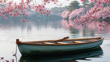 Rowboat on serene lake with cherry blossoms photo