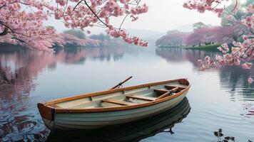 Rowboat on serene lake with cherry blossoms photo