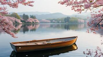 Serene cherry blossom lake scene photo