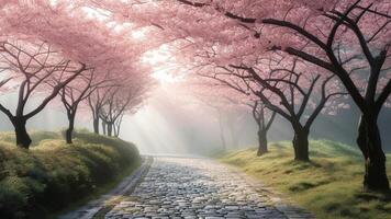 Scenic path through cherry blossom trees photo