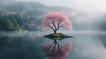 Serene cherry blossom tree on island photo