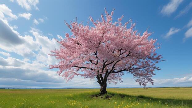 Single cherry blossom tree in a field photo