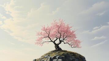 Single cherry blossom tree on a rock photo