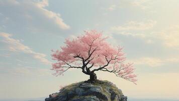 Single cherry blossom tree on a rock photo