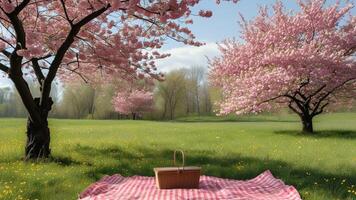 Spring picnic under cherry blossom trees photo