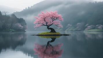 Solitary cherry blossom tree on island photo