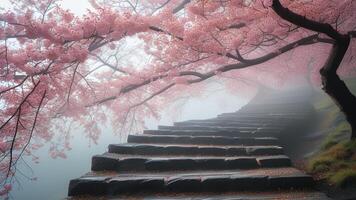 Stone steps leading to a misty cherry blossom tree photo