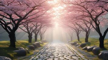 Sunlit Cherry Blossom Path photo