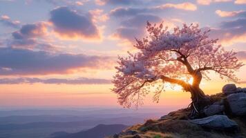 Sunrise over mountain with cherry blossom tree photo