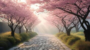 Sunlit path through cherry blossom trees photo