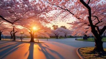 Sunrise through cherry blossoms photo