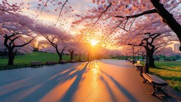 Sunrise through cherry blossoms photo