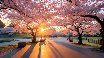 Sunrise through cherry blossoms photo