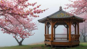 Wooden gazebo in cherry blossom trees photo