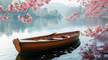 Wooden rowboat on serene lake with cherry blossoms photo
