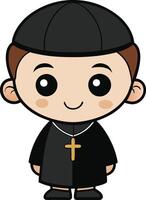 Cartoon boy in black clothes with cross vector