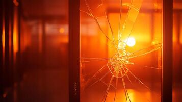 Broken window with sunlight streaming through. photo