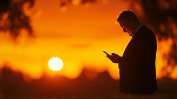 Silhouette of man using smartphone at sunset. photo