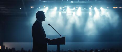 Speaker delivering presentation on stage. photo