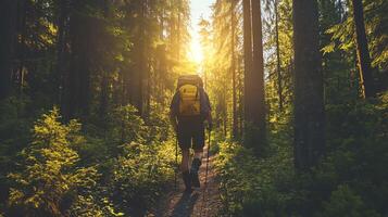 Hiker exploring a scenic forest trail. photo