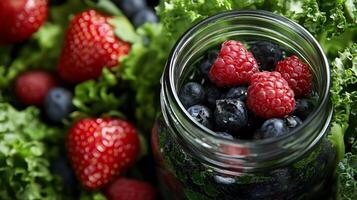 Fresh berries in a green salad with lettuce. photo