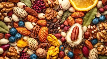 Colorful Nuts and Spices Presented in a Vibrant Wide Frame photo