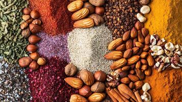 Dynamic Perspective of Nuts and Spices in a Vibrant Wide Shot photo