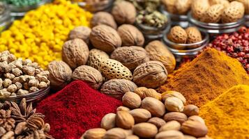 Vivid Array of Nuts and Spices in a Stunning Wide Shot photo