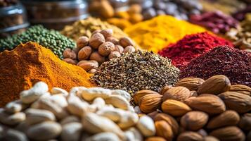 Dynamic Display of Vibrant Nuts and Spices in a Wide Shot photo