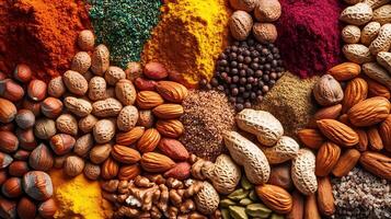 Wide Frame Full of Colorful Nuts and Spices in Focus photo