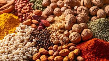 Wide Frame of Colorful Nuts and Spices in Fine Detail photo
