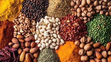 Rich Array of Nuts and Spices in a Dynamic Wide Shot photo