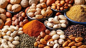 Array of Nuts and Spices in a Colorful Wide Display photo