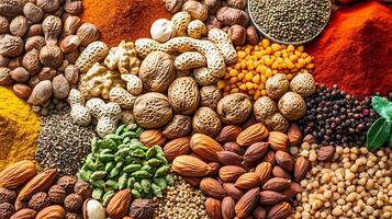 Wide-Angle Display of an Array of Vibrant Nuts and Spices photo