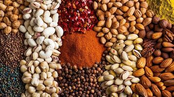 Bright Nuts and Spices Presented in a Stunning Wide Photograph photo