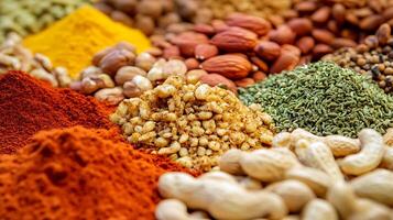 Bright and Colorful Assortment of Nuts and Spices in a Wide Shot photo