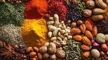 Bright and Bold Nuts and Spices in a Wide-Angle Frame photo