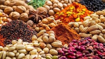 Wide-Angle Display of Colorful Nuts and Spices in Fine Detail photo