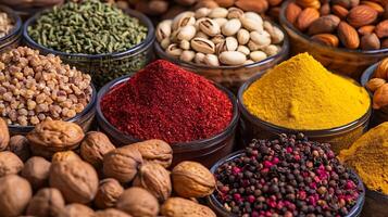 Wide Shot Capturing Vibrant Details of Colorful Nuts and Spices photo