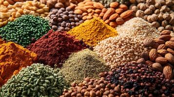 Wide-Angle Frame Highlighting the Variety of Nuts and Spices photo