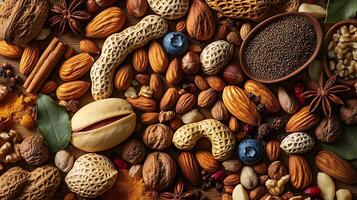 Dynamic Wide Perspective of Vibrant Nuts and Spices Captured in Detail photo