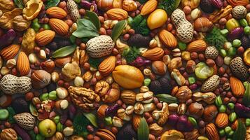Diverse Nuts and Spices Displayed in a Colorful Wide Frame photo