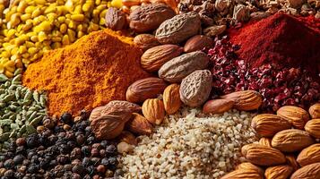 Rich Display of Colorful Nuts and Spices in a Wide Frame photo