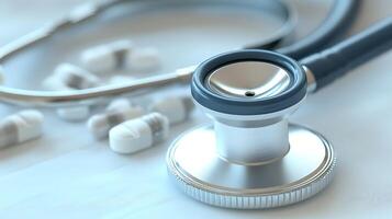 Ultra-Realistic Photography Highlighting Pills and Stethoscope in Medical Context photo