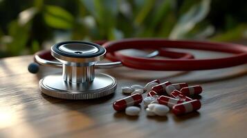 Stethoscope and Pills Close-Up in a Conceptual Medical Setting photo