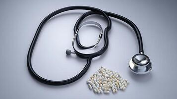 Stethoscope and Pills in Sharp Close-Up Display photo