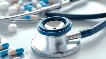 Ultra-Realistic Stethoscope and Pills in a Vibrant Medical Perspective photo