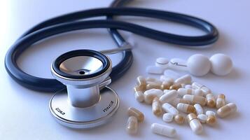 Ultra-Realistic View of Pills and Stethoscope in Healthcare Context photo