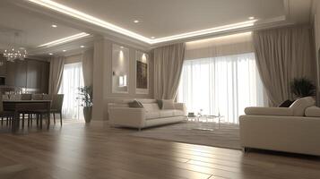 Spacious Open Living Room Design with a Modern Touch and Lighting Innovation photo