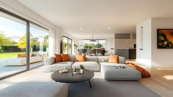 Spacious Modern Living Room with Open Layout and Large Windows photo